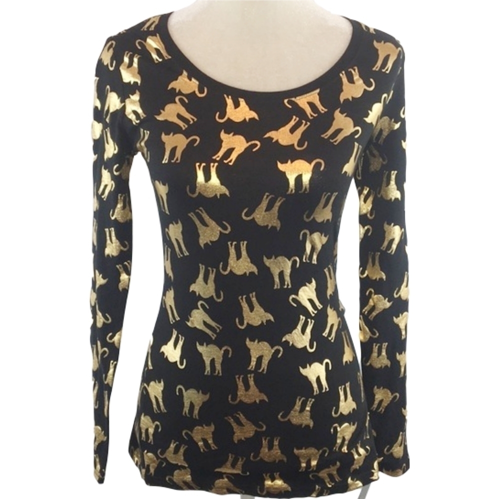 Gold Foil Cats on Long Sleeve Black Tee by No Boundaries NWT